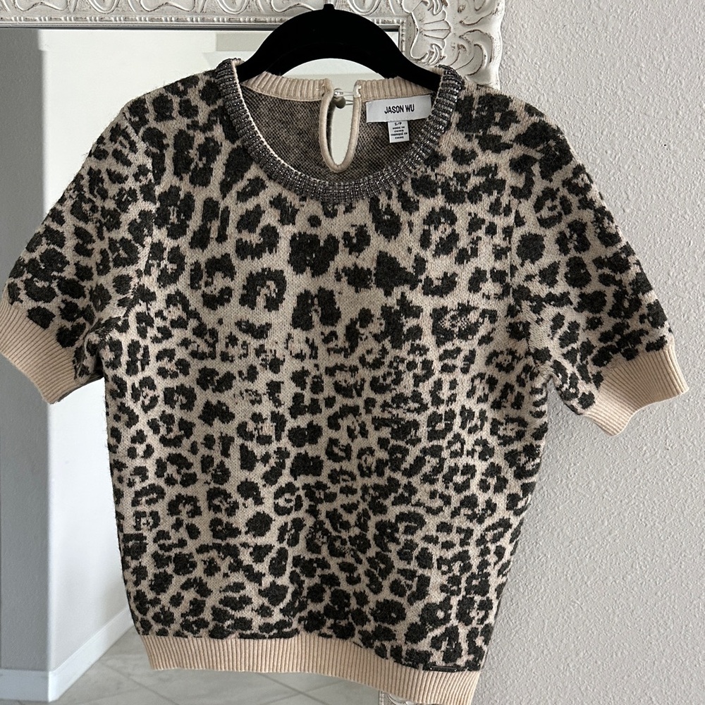 Jason Wu Black and Cream Leopard Animal Print Short Sleeve Sweater